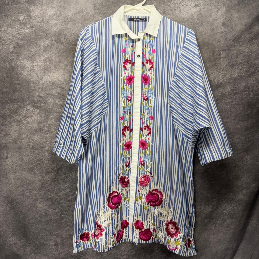 Khaadi Blue White Striped Floral Embroidered Tunic Kurta Shirt Women Size 16